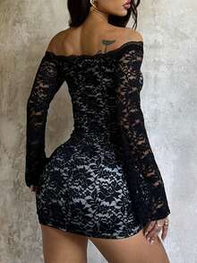 Shiny Patchwork Elegant Asymmetric/Asymmetrical Lace Splice Knot Evening Date Dress - Black - View 2