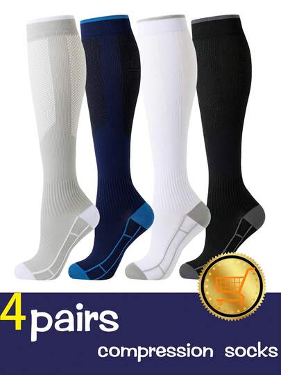 4 pares de calcetines de compresión deportivos para mujeres y hombres, calcetines de compresión altos hasta la rodilla para deportes, ideales para correr, ciclismo, senderismo, viajes y compresión