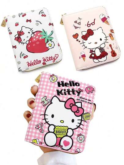 Sanrio 1Pc Sanrio Brand New Hello Kitty Leather Mini Storage Wallet Bag Portable Cute Zipper Closure Kitten Storage Bag Gift