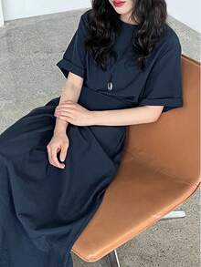 女士优雅短袖连衣裙，纯色，优雅梭织面料，配领带，适合优雅日常办公室穿着，夏季 - 藏蓝色 - 查看 7