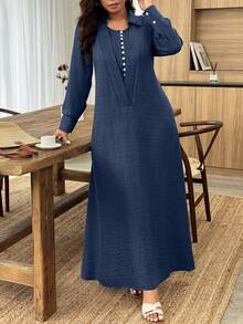 Rok Panjang Berlipit Dua Lapis Warna Biru Tua Ukuran Plus untuk Musim Semi/Panas, Gaya Elegan Urban, Cocok untuk Liburan Pantai, dan Pakaian Sehari-hari. - Navy Blue - View 3