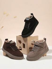 Children's Winter Boots, Brown Suede High-Top Snow Boots, Suitable For Boys And Girls, Warm-Foamed Ankle Boots With Laces And Hook And Loop, Non-Slip Rubber Sole, Waterproof And Windproof, Stylish Casual Shoes Perfect For Cold Days, Outdoor Activities, School, And Daily Wear, With A Comfortable And Durable Design To Keep Little Feet Warm And Protected In Winter.