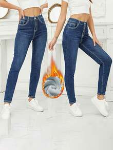 Warm Thermal Lined Skinny Stretch Jeans, Winter - Dark Wash - View 4