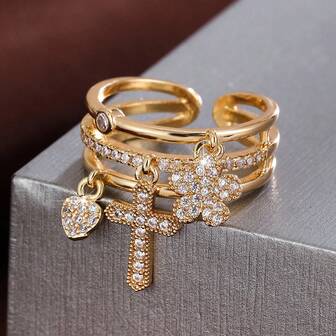 1pc Cross & Heart Flower Design Cubic Zirconia Embellished Women Ring