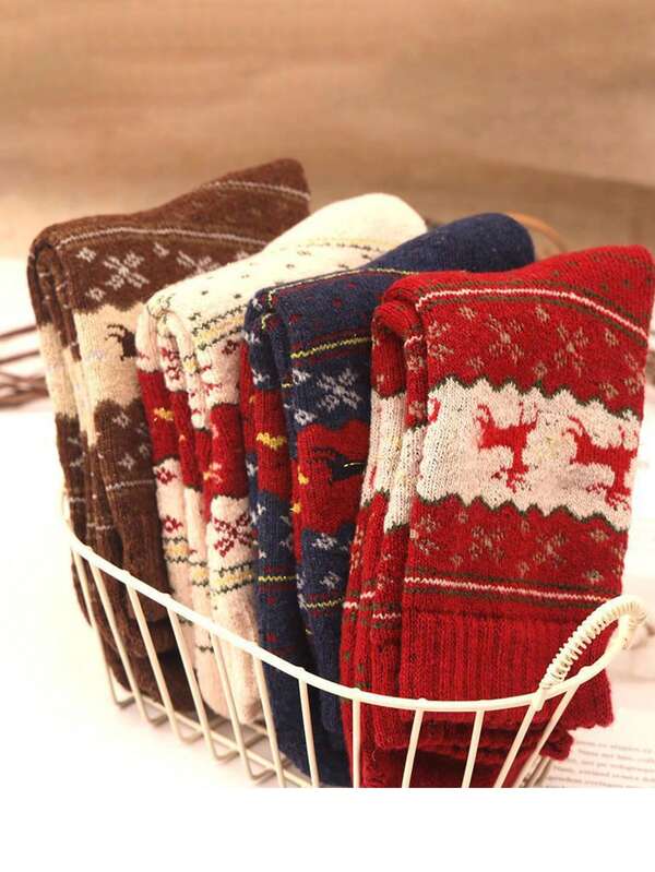 5pcs Comfortable Elk Printed Thick Socks - Warm And Comfortable Women's Christmas Socks, Perfect For Festivals And Special Occasions, Autumn And Winter Thick Wool Socks, Golden Deer Socks