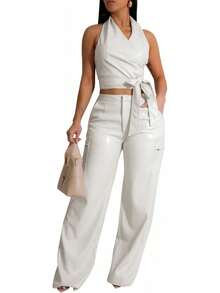 WOKANSE Womens PU Leather Stretchy 2 Piece Outfit Belted Sleeveless Halter Tops And Straight Leg Pants Set With Pockethalloween - 白色 - 查看 4