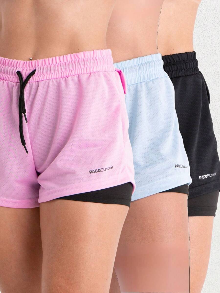 Women's 2-In-1 Dryfit Shorts Set, Double Gym Shorts For Training, Hiking And Other Sports - 黑色+粉紅色+藍色 - 查看 1