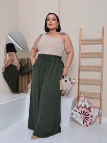 Maxi Pantalona Plus Size Without Slit Duna Fabric Elastic Waist - Army Green - View 4