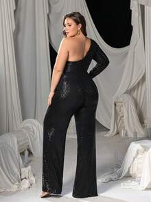 Plus Size Women's Elegant Asymmetric One Shoulder Sequin Decorated Formal Jumpsuit, Wide Leg Design, Slim Fit, Suitable As An Alternative To Formal Evening Gowns For Black Tie Galas, Wedding Guest Attire, Formal Dinners, Opera Nights, Charity Events And Other Occasions - Black - View 2