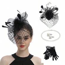 2025 Women's Mesh Feather Party Headdress Bridal Prom Hair Accessories Set Head Flower Gloves Necklace Earrings Set Halloween Christmas Party Decoration - 金色 - 查看 2