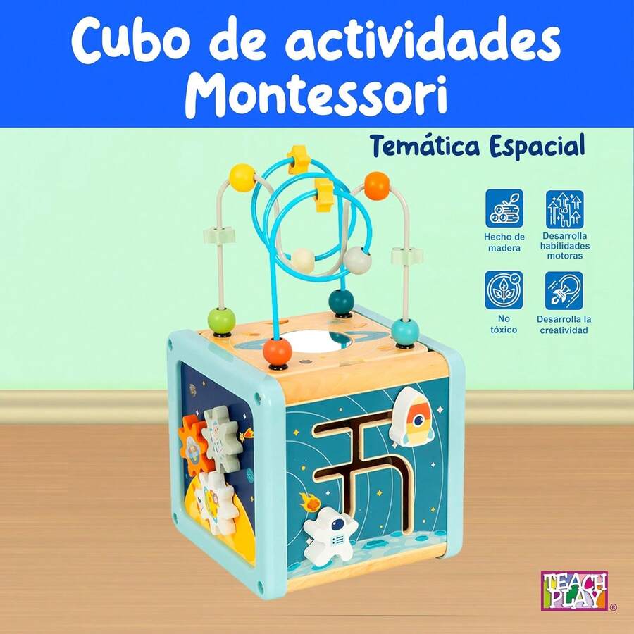 Cubo Montessori para Enseñanza| Juguete de laberinto educativo| Cubo de Actividades de Madera| Juguetes educativos adecuados para niños y bebés.| Cubo de Actividades Montessori 5 en 1 Espacio