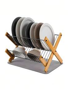 Estante plegable de bambú de 2 niveles - Organizador de almacenamiento y secado de cocina multinivel con rejilla desmontable para cubiertos, a prueba de humedad y fácil de montar, diseño moderno y ahorra espacio, estante para tazones de cocina, accesorio de cocina duradero - Decoración navideña