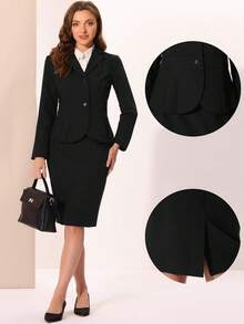 Allegra K 2 Piece Suit Skirt Sets For Women Blazer And Pencil Skirts Formal Office Business Casual Outfitshalloween - Xanh đậm - Xem 7