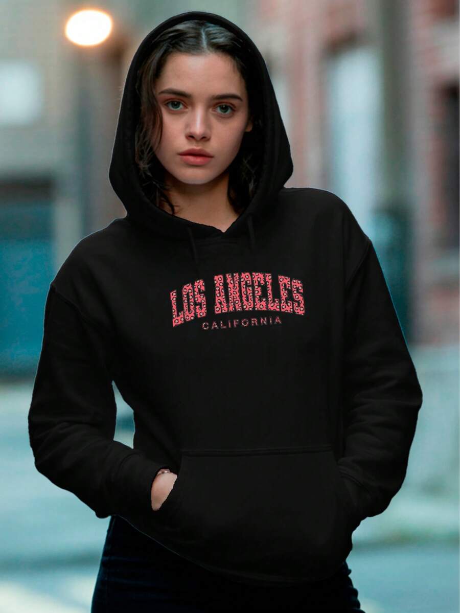 sudadera para mujer modelo LOS ANGELES ANIMAL PRINT ROSA hoodie con gorro y canguro estampado calientita para el frio - Negro - Ver 1
