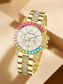 1pc Ladies Watch Gold Watch Ladies Business Steel Strap Quartz Watch Rhinestone Three Eyes Watch - Gold - View 3