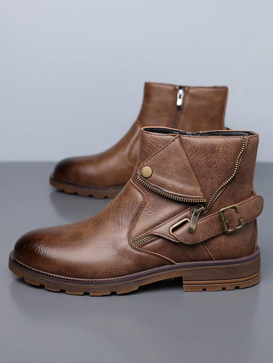 1 双男士中筒靴，带侧拉链，PU 皮革，橡胶鞋底，耐用休闲靴，适合日常通勤 - 棕色 - 查看 1