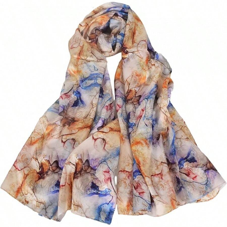 100% Mulberry Silk Scarf For Women Lightweight Long Scarves Beach Wraps Cover Up -Travel Photography Scarfhalloween - 藍色卡其色 - 查看 1