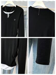 Unique Design Waist Cinching Long Sleeve T-Shirt, Embroidered Slim Fit Layering Top, Autumn