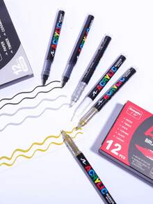 12 لون أقلام أكريليك أحادية اللون، مقاومة للماء، قابلة للمزج، أقلام مائية إبداعية، أقلام أساسية محمولة للفنانين للرسم، ويمكن استخدامها أيضًا للرسم على أسطح مختلفة، هدية للأصدقاء. - متعدد الألوان - مشاهدة 9