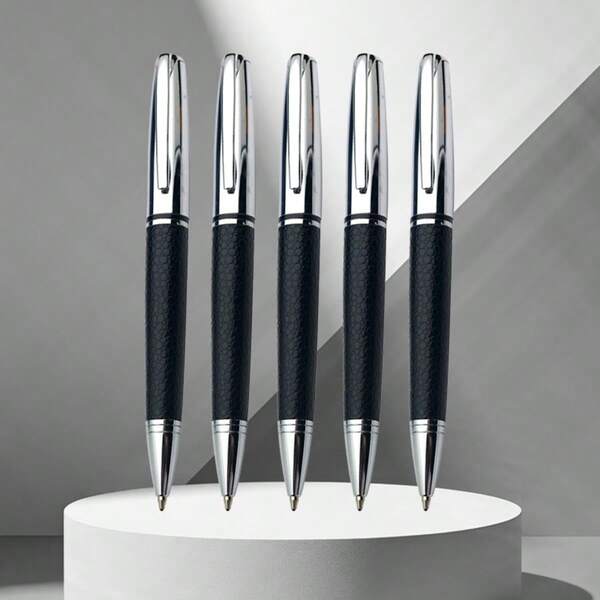 5-Piece Minimalist Twist Ballpoint Pen/Stylish PU-Coated Signature Pen, Office And Executive Desk Accessories/Aesthetic Desk Supplies For Diaries, Plans And Notes, Students And Professionals/Exquisite Business Class Gift Set
