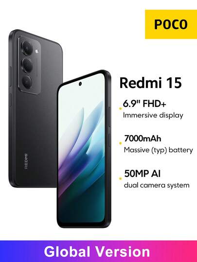  Redmi 15 Smartphone Global Version 6.9" FHD+ DotDisplay Up To 144Hz Refresh Rate 7000mAh (Typ) Battery 33W Fast Charging 50MP Main Camera Snapdragon 685 AI Face Unlock Xiaomi HyperOS 2 *NO NFC Version,NO Charger
