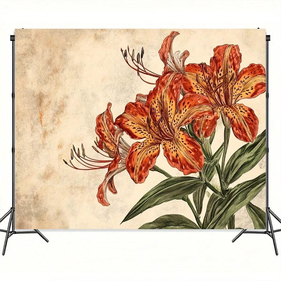 Victorian-Style Floral Tapestry With Vibrant Orange Lilies & Green Leaves - Classic Botanical Illustration Polyester Wall Hanging For Living Room Bedroom Office Decor Elegant Home Accent Bedroom Wall Art | Classic Botanical Art | Polyester Tapestry Flower Decor - 彩色 - 查看 1