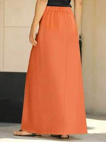 Plus Size Elegant A-Line Long Skirt, Woven Fabric, Non-Stretch, Comfortable Fit - Orange - View 7