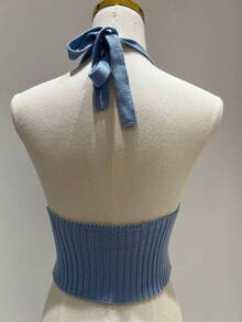 Simple, Knitted, Cable Knit, Backless, Beach, Tie-Up Crop Top - Baby Blue - View 3