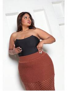 Plus Size Midi Skirt With Openwork Fabric In Modal Knit, Elegant, Casual - Brown - View 3