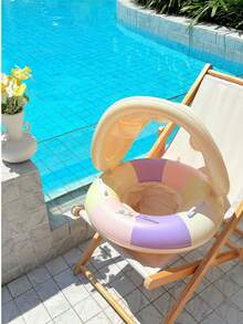 1pc Retro Striped Inflatable Floating Lounge Chair With Detachable Canopy, With Handle/Seat/Pool Float Ring, Suitable For Boys/Girls, PVC Material
