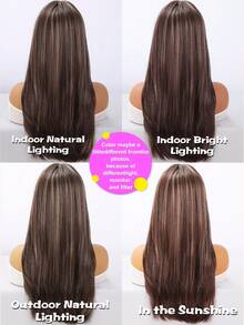 SMILCO 26Inch Straight Synthetic Wig With Brown Highlights & Bangs, Flattering & Easy Style, Perfect For Daily & Party, Limited Time Offer - 棕色挑染 - 查看 5