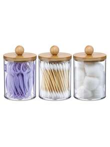 Pojemnik na patyczki kosmetyczne, słoik apteczny, uchwyt na kulki akrylowe, przezroczysty pojemnik łazienkowy z bambusową pokrywką, odpowiedni do wacików, 3 opakowania