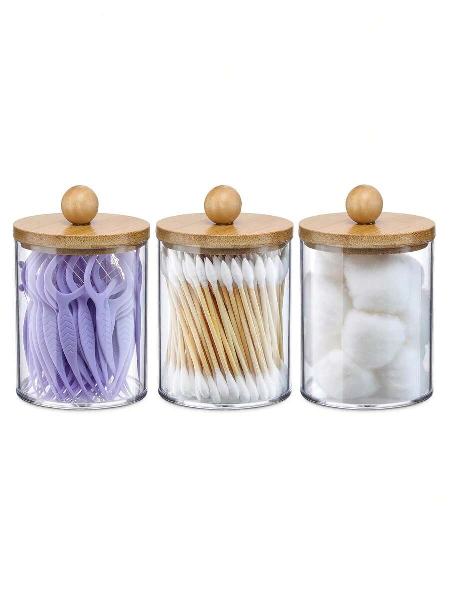 Pojemnik na patyczki kosmetyczne, słoik apteczny, uchwyt na kulki akrylowe, przezroczysty pojemnik łazienkowy z bambusową pokrywką, odpowiedni do wacików, 3 opakowania