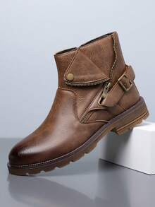 1 双男士中筒靴，带侧拉链，PU 皮革，橡胶鞋底，耐用休闲靴，适合日常通勤 - 棕色 - 查看 2