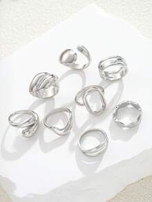 8pcs Exaggerated Wide Metal Open Ring Set, Thick Smooth Asymmetrical Geometric Stackable Rings, Women Party Music Festival Accessories - Gold - View 5