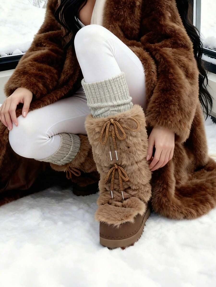 Faux Fur Snow Boots For Women Fuzzy Fluffy Furry Lace Up Mid Calf Boots Winter Warm Fur Boots For Christmas - 棕色 - 查看 1