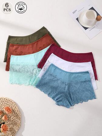 6条装女士中腰棉质蕾丝拼接平角内裤，性感提拉塑形 - 舒适透气无痕内裤，适合日常穿着、运动、瑜伽