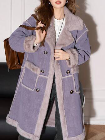 Alicedudu Women's Elegant Faux Fur Jacket With Button Front Pockets, Simple Office Wear For Winter