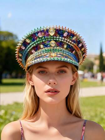 1 件闪亮涤纶蒸汽朋克水钻船长帽，男女通用，军帽，万圣节服装，适合单身派对、角色扮演、圣诞节、狂欢节、酒吧、单身派对