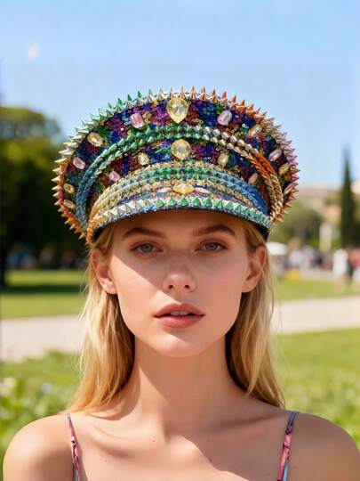 1pc Shiny Polyester Steampunk Rhinestone Captain Hat For Women & Men, Military Cap, Halloween Costumes, Suitable For Bachelorette Party, Cosplay, Christmas, Carnival, Bar, Bachelor Party