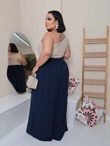 Maxi Pantalona Plus Size Without Slit Duna Fabric Elastic Waist - Navy Blue - View 3
