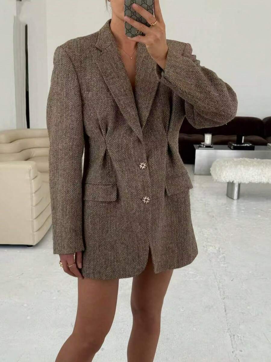 新款秋冬女装外套人字呢毛呢加厚金属绒纽扣装饰腰翻领休闲西装外套通勤优雅日常办公室夹克套装 - 咖啡棕 - 查看 1