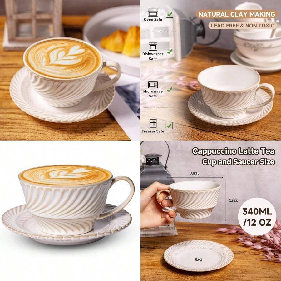 Ceramic Latte Cup With Saucer 12 OZ Cappuccino Cup Vintage Cafe Art Cups For Espro Turkish Coffee Farmhouse Latte Mugs Tea Cups And Saucers Porcelain Set For Baristas Great Gift