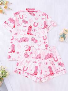 2 piezas Conjunto de pijama para mujer, estilo de mezclilla con estampado de estrellas, top de manga corta con cuello y shorts casuales, adecuado para el hogar, vacaciones, primavera/verano - Rosa - Ver 2