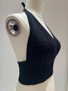 Simple, Knitted, Cable Knit, Backless, Beach, Tie-Up Crop Top - Black - View 2