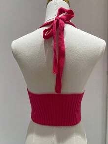 Simple, Knitted, Cable Knit, Backless, Beach, Tie-Up Crop Top - Pink - View 3