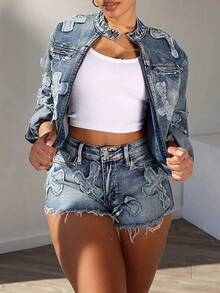 Denim Short Sets Women 2 Piece Outfits Long Sleeve Zip Up Cropped Jacket Raw Hem Skinny Jean Shorts Sethalloween - 淺藍色 - 查看 7