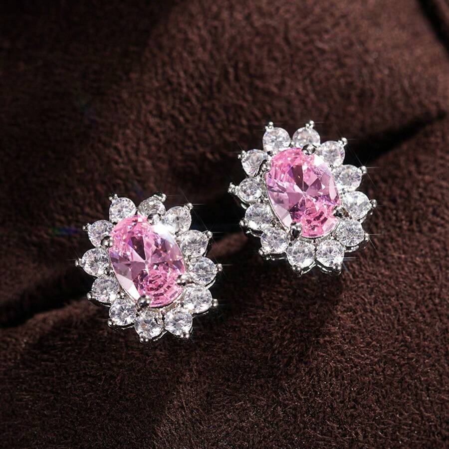1 Pair Halo Stud Earrings For Women, Oval Cubic Zirconia With Crystal Surround, Metallic Tone Vintage Inspired Jewelry, Multiple Colors Available - 粉色 - 查看 1