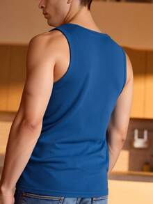 Camiseta sin mangas para hombre estilo básico sencillo tela elástica color sólido ajustada cuello redondo primavera verano para casa y deporte - Neblina azul - Ver 2