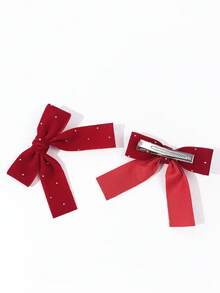 2pcs Women's Solid Color Rhinestone Velvet Bow Hair Clips, Cute Accessories